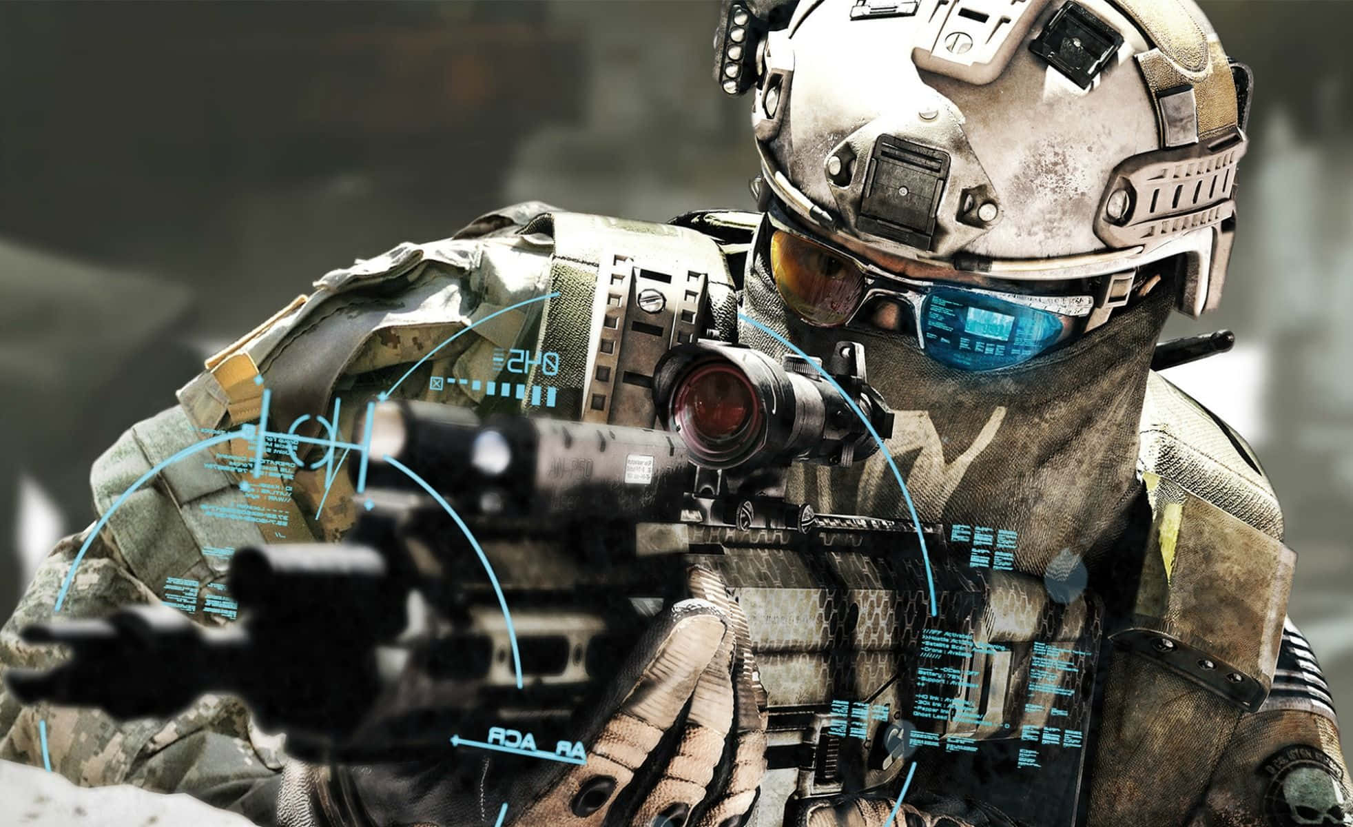 Tactical 桌布 壁紙 — 一名身穿戰術裝備的士兵瞄準步槍，場景上覆蓋著發光的藍色全息瞄準數據。