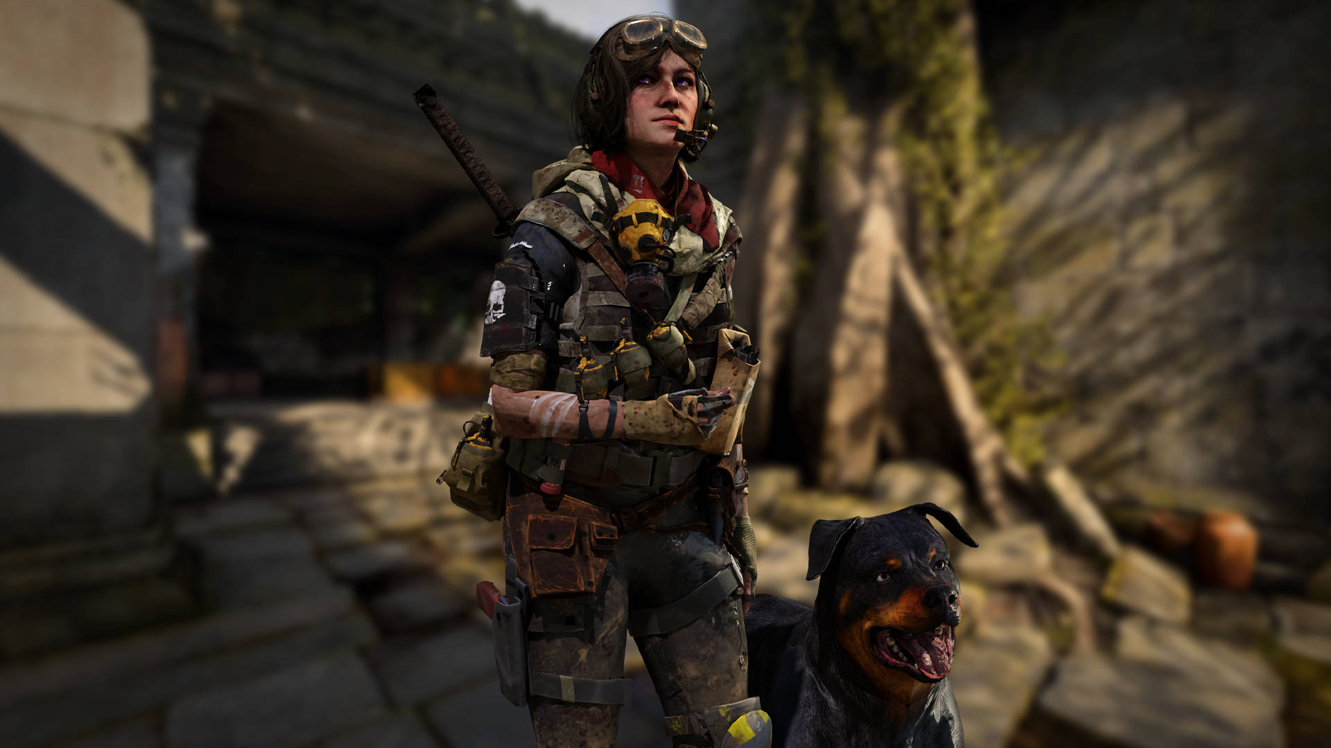 Maxis 桌布 壁紙 — 一名身穿戰術裝備的士兵站在一隻羅威納犬旁邊，身處陽光普照的廢墟中，有長滿青苔的石牆和破碎的拱門。
