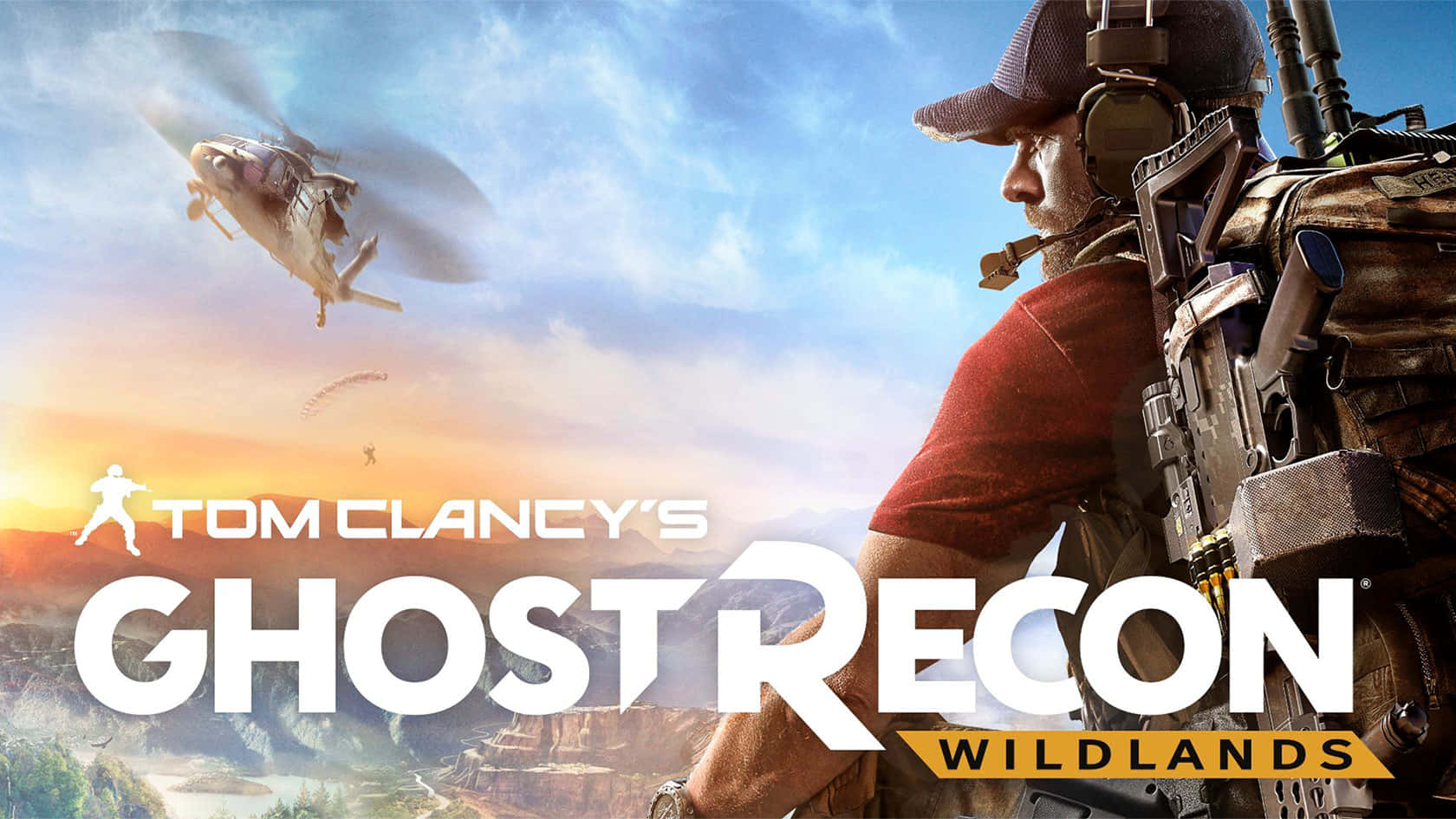 tom clancy's ghost recon wildlands 桌布 壁紙 — 一名身穿戰術裝備的士兵站在山區景觀中，一架直升機在金色日落時分從頭頂飛過。