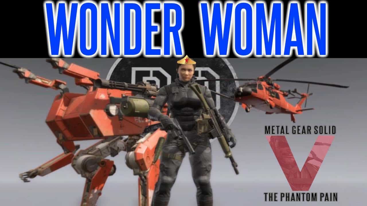 Metal Gear Solid Characters 桌布 壁紙 — 一名身穿戰術裝備的士兵站在帶有「Wonder Woman」和「Metal Gear Solid V」標誌的紅色機甲和直升機旁邊。