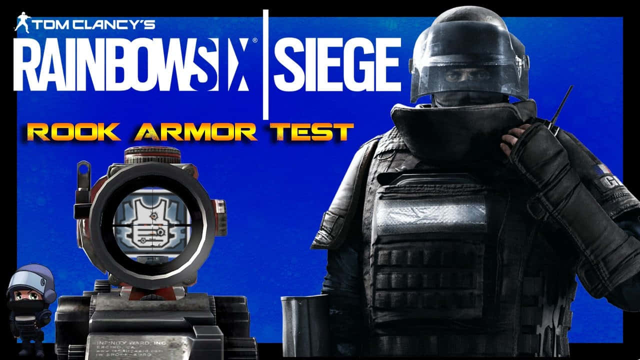 Rainbow Six Siege Rook 桌布 壁紙 — 一名身穿戰術裝備的士兵站在步槍瞄準鏡旁，在鮮明的藍色背景上顯示背心目標，並附有遊戲標題文字。