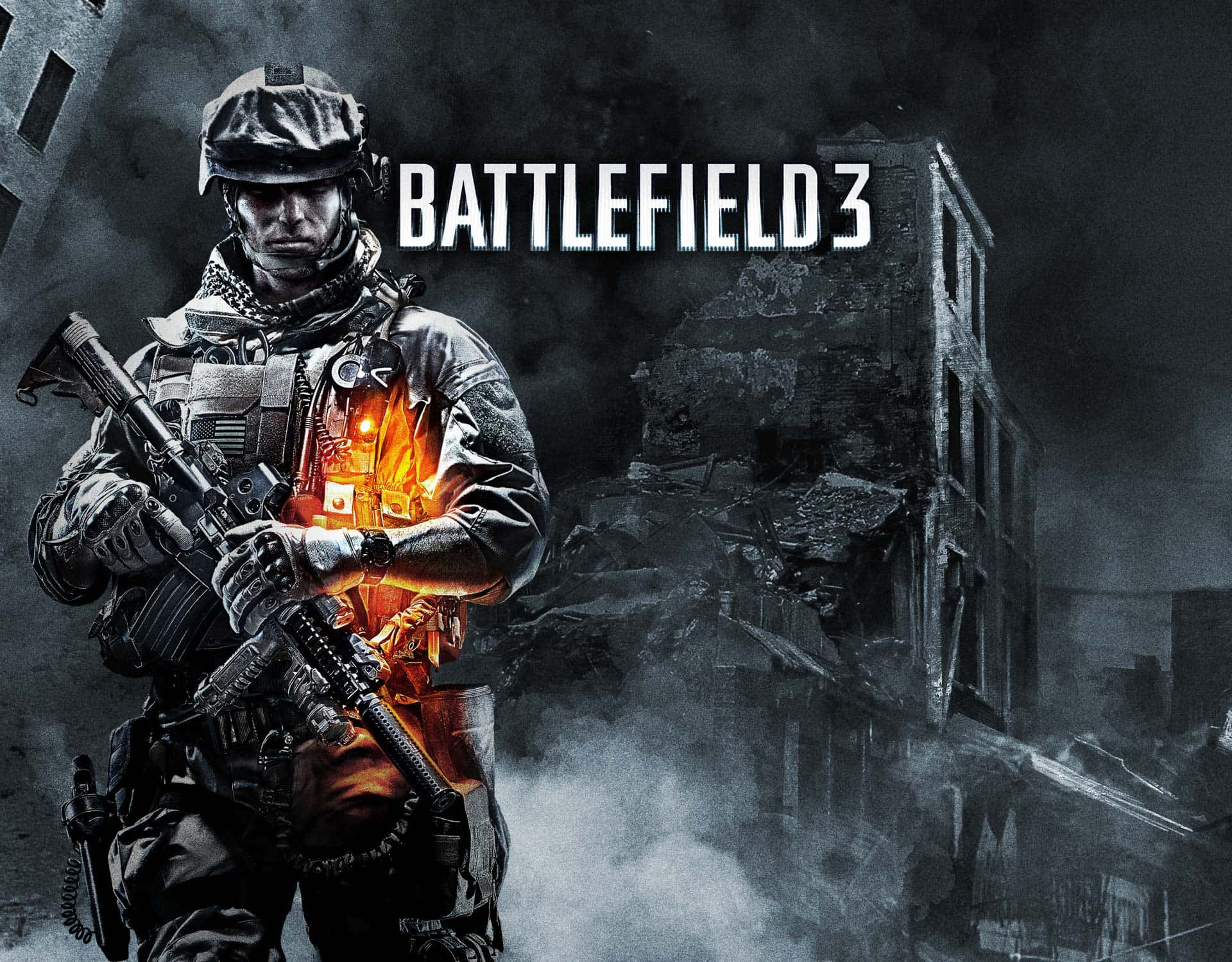 Battlefield 3 桌布 壁紙 — 一名身穿戰術裝備的士兵站在煙霧和瓦礫中，手持步槍，胸口發出橙色光芒。