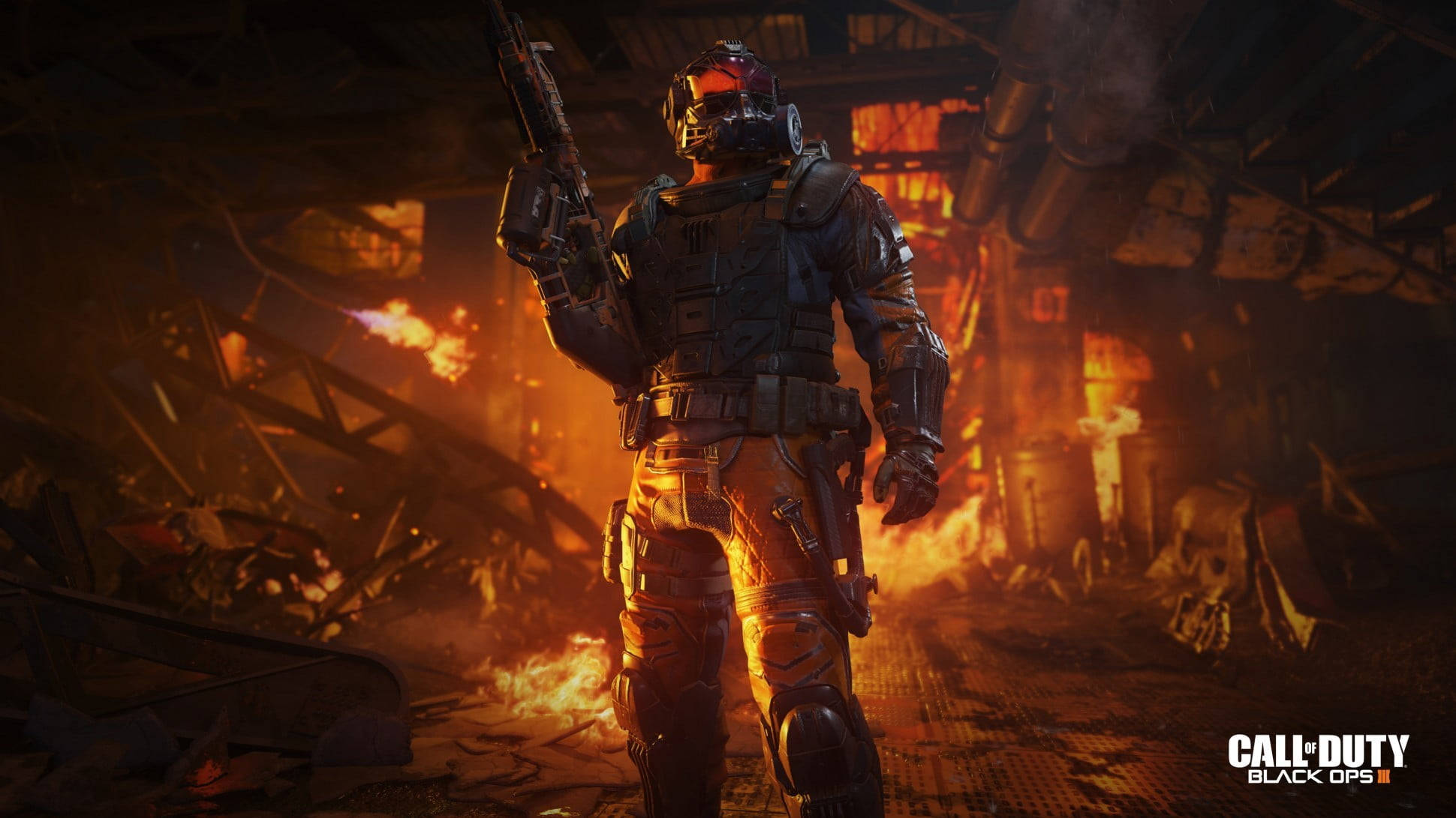 Call Of Duty Black Ops 3 桌布 壁紙 — 一名身穿戰術裝備的士兵站在燃燒的廢墟中，在昏暗的工業廢墟中手持步槍。