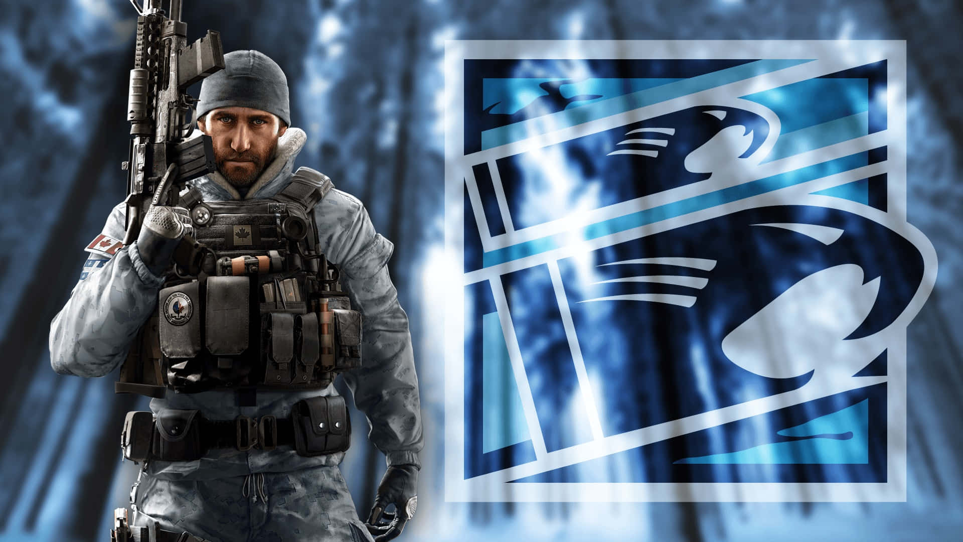 Rainbow Six Siege Operators 桌布 壁紙 — 一名身穿戰術裝備的士兵站在發光藍色鷹徽旁邊，背景是雪地森林。