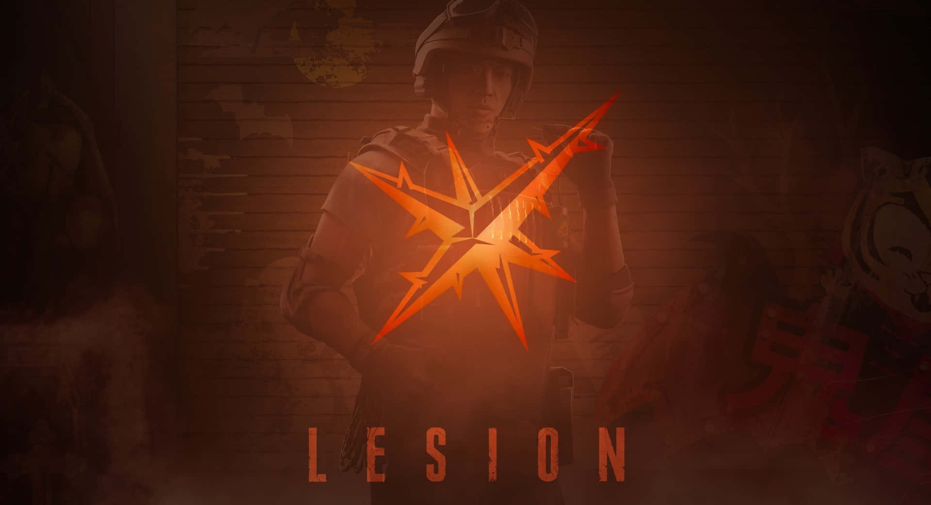Rainbow Six Siege Lesion 桌布 壁紙 — 一名身穿戰術裝備的士兵站在磚牆前，牆上有一個發光的橙色星爆標誌，下方有LESION字樣。