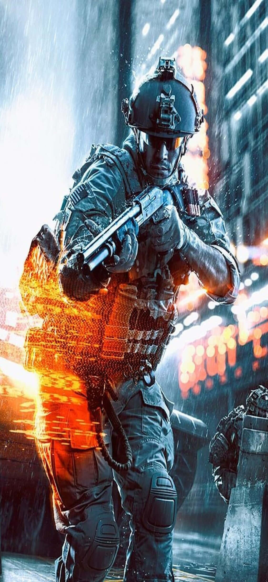 電玩遊戲 桌布 壁紙 — 一名身穿戰術裝備的士兵站在被雨水浸濕的都市街道上，身後有猛烈爆炸。