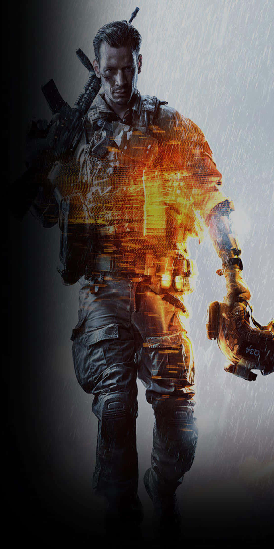 Pixel 3 Battlefield 3 桌布 壁紙 — 一名身穿戰術裝備的士兵站在雨中，軀幹和手臂上帶有發光的橙色數位覆蓋層。