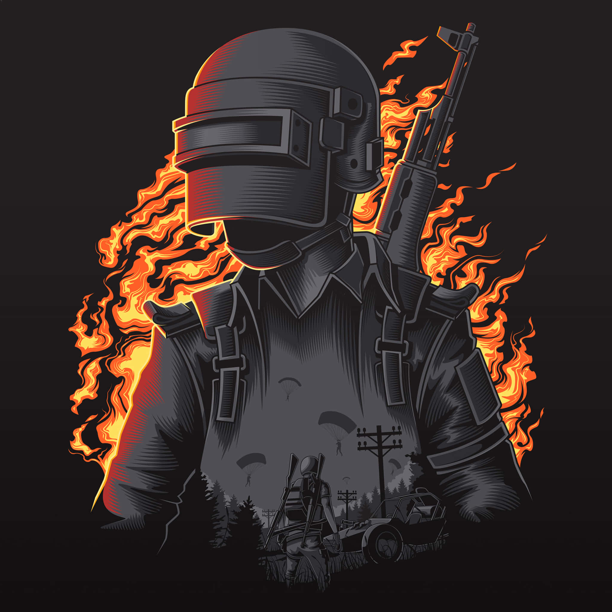Game Art 桌布 壁紙 — 一名身穿戰術裝備的士兵站在黑暗背景中，被鮮豔的橙色火焰吞沒，下方是戰場場景。