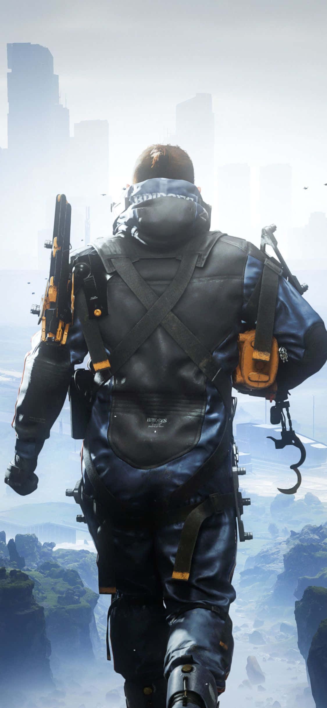 iPhone X Death Stranding 桌布 壁紙 — 一名身穿戰術裝備的士兵背向觀眾，走向一個朦朧的未來城市景觀，下方有浮島。