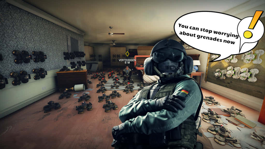 Rainbow Six Siege Jager 桌布 壁紙 — 一名身穿戰術裝備的士兵自信地站在一個散落著手榴彈和安裝設備的房間裡。