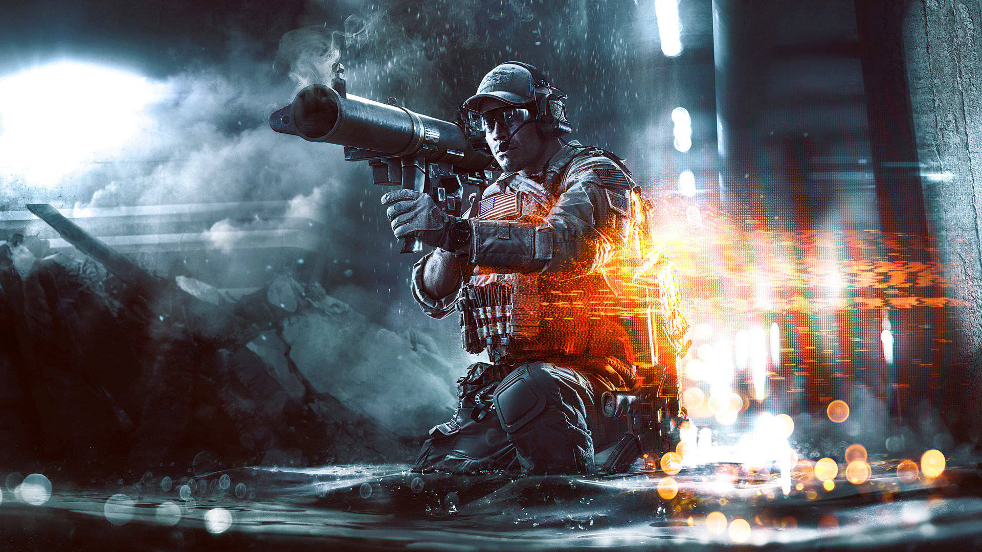 Battlefield 4 桌布 壁紙 — 一名身穿戰術裝備的士兵跪在水中，手持火箭筒，身後熾熱的爆炸照亮了黑暗的城市廢墟。