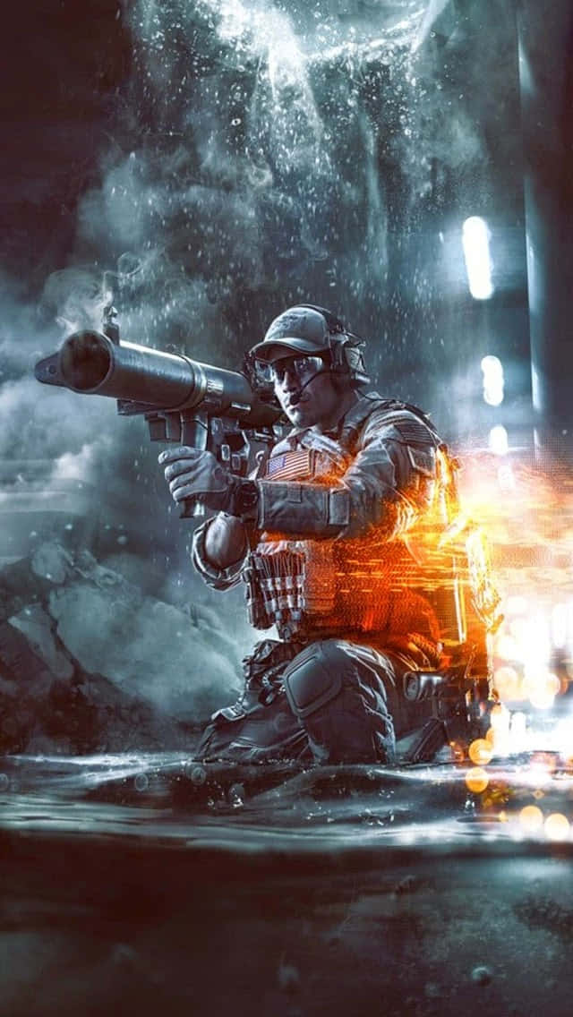 Pixel 3xl Battlefield V 桌布 壁紙 — 一名身穿戰術裝備的士兵跪在水中，手持火箭炮，熾熱的爆炸照亮了黑暗多雨的都市環境。