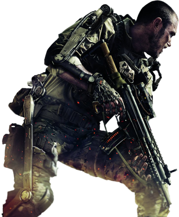 Cod 桌布 壁紙 — 一名身穿戰術裝備的士兵蹲下，手持步槍，槍口發出紅色火花，背景為黑色。