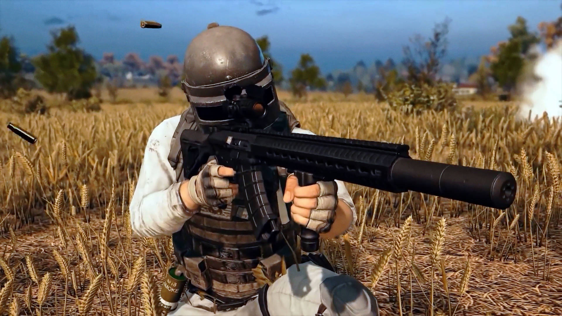 士兵在小麥田中開槍射擊，彈殼飛舞 — PUBG 4K 壁紙 壁紙