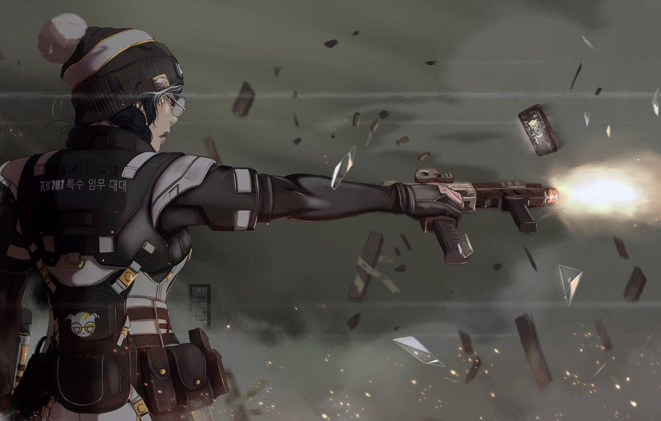 dokkaebi rainbow six siege 桌布 壁紙 — 一名身穿戰術裝備的女兵在 gritty 的城市戰鬥場景中開火，玻璃在她周圍碎裂。