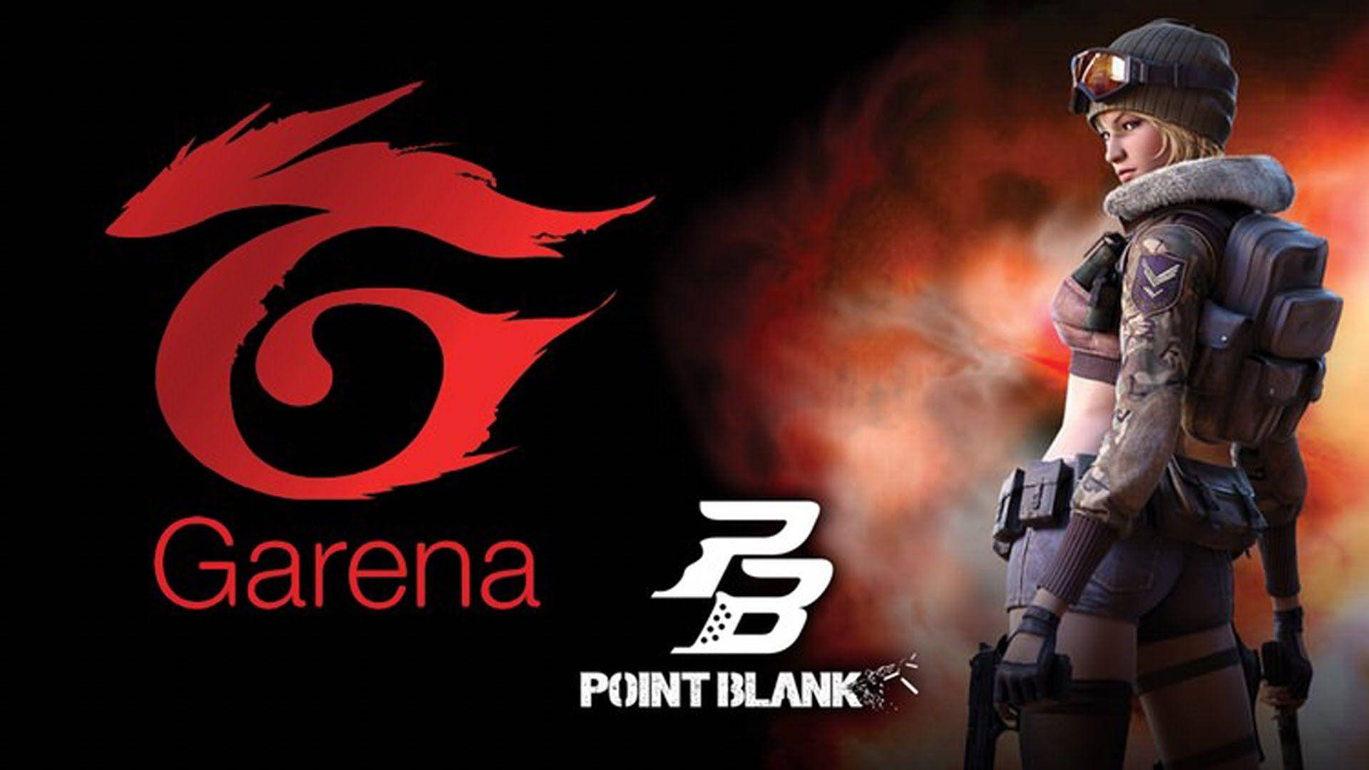 Garena 桌布 壁紙 — 一名身穿戰術裝備的女兵站在火焰煙霧前，旁邊是Garena和Point Blank標誌。