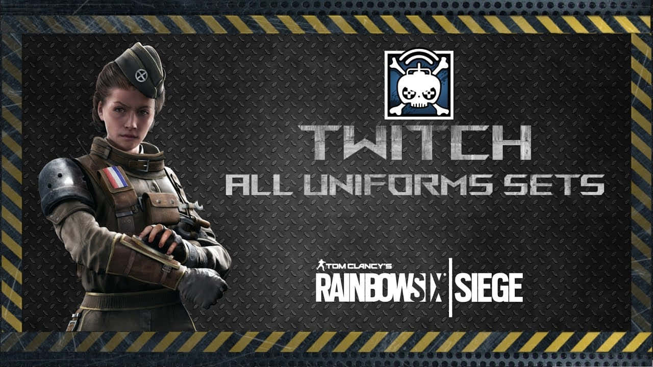 Rainbow Six Siege Twitch 桌布 壁紙 — 一名身穿戰術裝備的女兵自信地站在深色金屬背景前，帶有 Twitch 和 Rainbow Six Siege 品牌標誌。