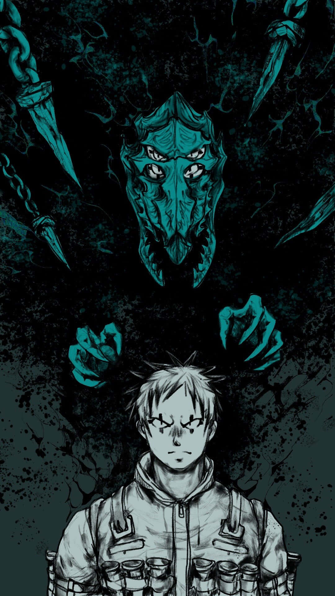 dorohedoro 桌布 壁紙 — 一名身穿戰術裝備的年輕男子在黑暗 gritty 場景中，抬頭凝視一個帶有浮游武器的威脅性青綠色面具實體。