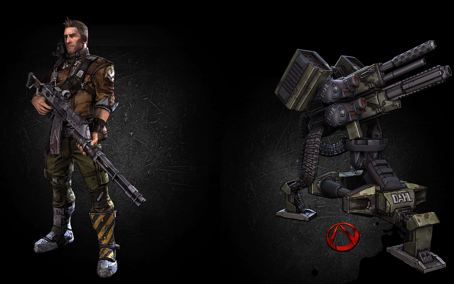 Borderlands 桌布 壁紙 — 一名身穿戰術裝備的強壯士兵站在巨大的Dahl重型武器旁邊，背景為深色紋理。