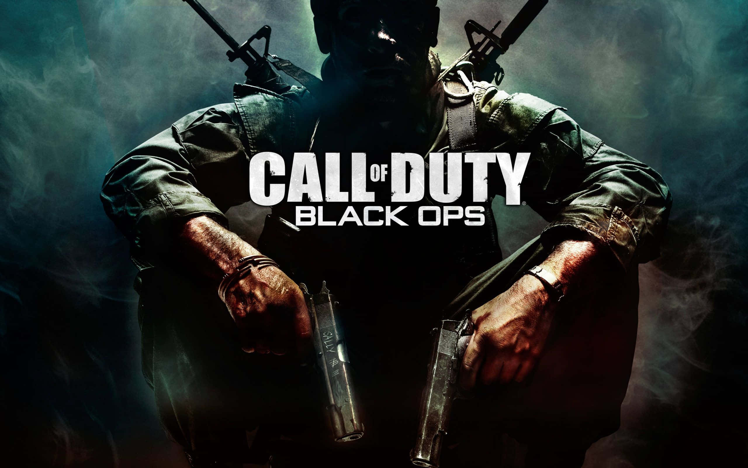 Call Of Duty First Person Shooter 桌布 壁紙 — 一名身穿戰術裝備的影子士兵在煙霧瀰漫的黑暗背景中手持兩把手槍，並帶有「Call of Duty Black Ops」文字。