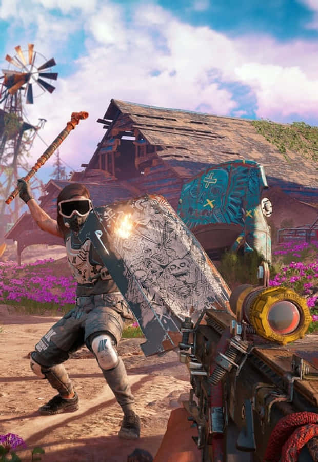 iPhone X Far Cry New Dawn 桌布 壁紙 — 一名身穿戰術裝備的戰士在質樸的穀倉和風車附近一片充滿活力的紫色花田中揮舞著火焰錘和盾牌。