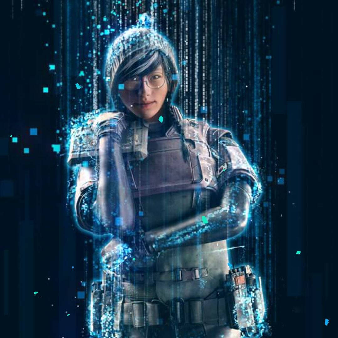 dokkaebi rainbow six siege 桌布 壁紙 — 一名身穿戰術裝備的未來士兵，站在黑暗背景中散發光芒的藍色數位數據流瀑布之間。