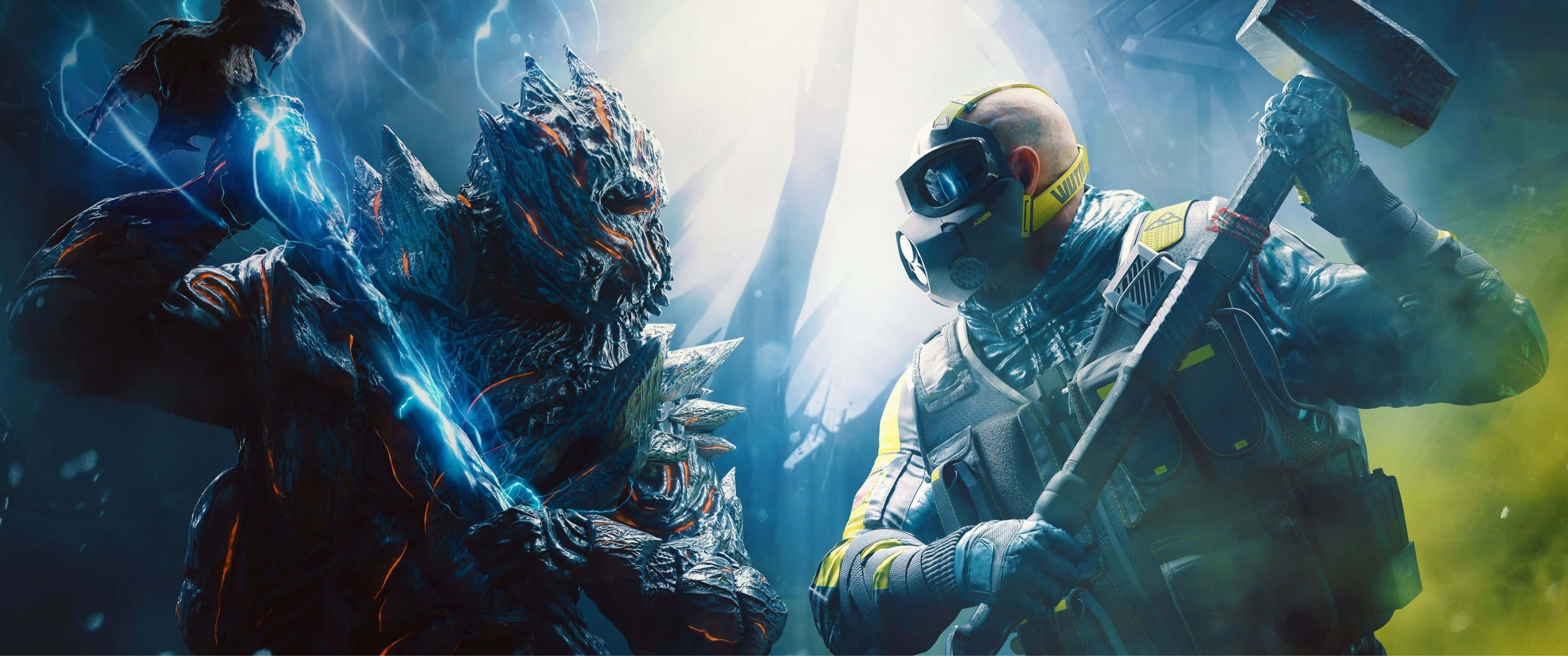 3440x1440p Rainbow Six Siege 桌布 壁紙 — 一名身穿戰術裝備的未來士兵在黑暗的科幻競技場中，面對一隻散發藍色能量的怪物。