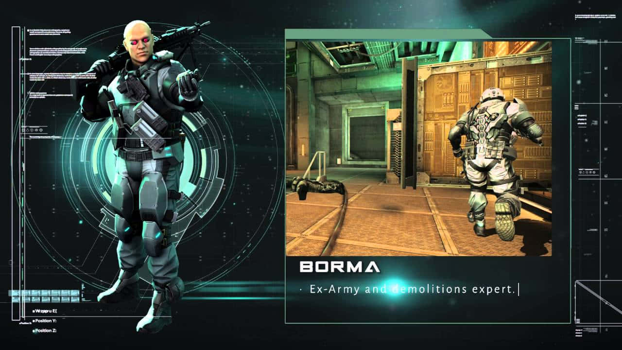 Ghost In The Shell Borma 桌布 壁紙 — 一名身穿戰術裝備的未來士兵站在全息介面前，另一名士兵則在昏暗的科幻走廊中奔跑。