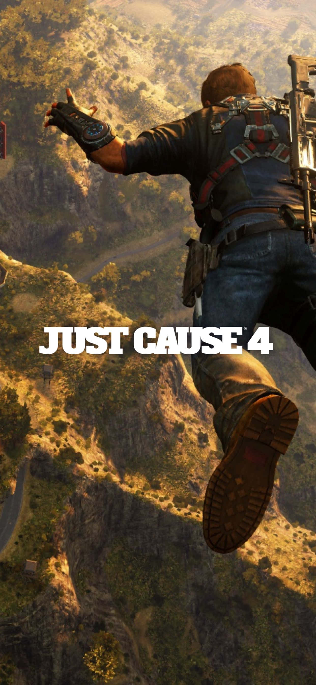 iPhone Xs Max Just Cause 4 桌布 壁紙 — 一名身穿戰術裝備的男子從懸崖跳過陽光照耀的山谷，並覆蓋了遊戲標題文字。