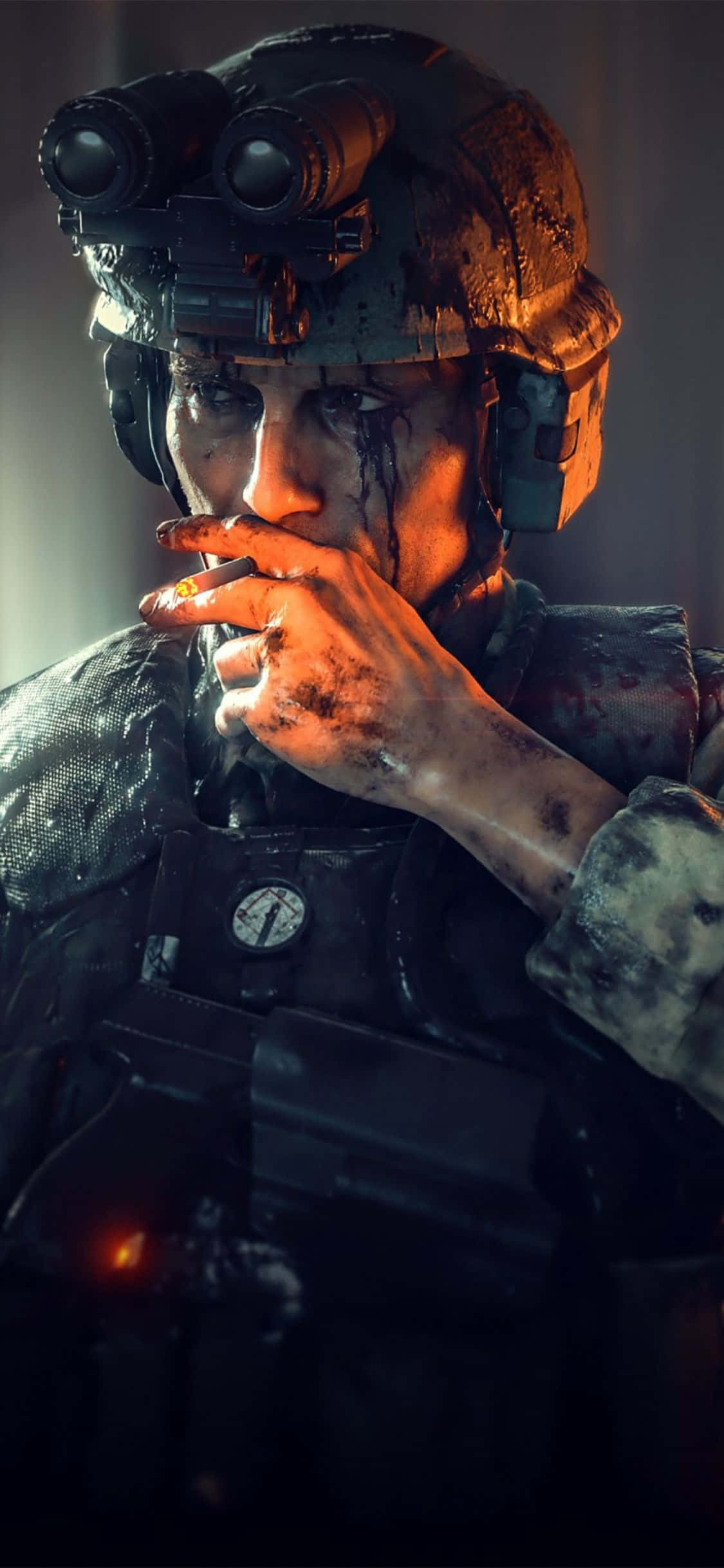 iPhone Xs Death Stranding 桌布 壁紙 — 一名身穿戰術裝備的疲憊士兵在昏暗的橙色燈光下抽煙，臉上帶有血痕。