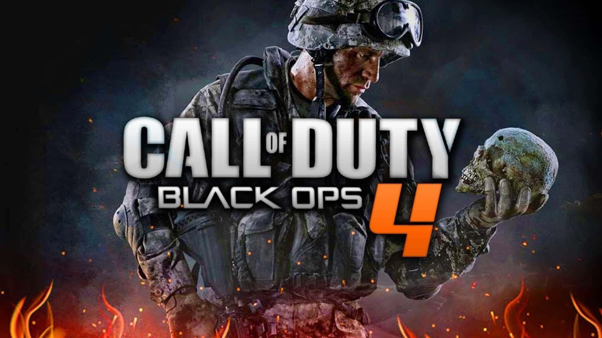 Best Call Of Duty Black Ops 4 桌布 壁紙 — 一名身穿戰術裝備的粗獷士兵在火焰背景中手持頭骨，遊戲標題顯眼地展示。