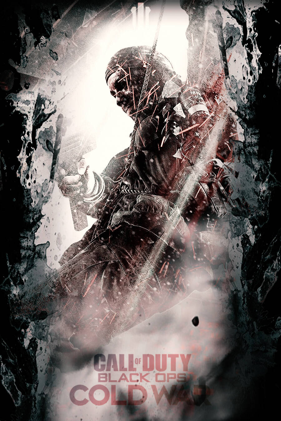 Cod 桌布 壁紙 — 一名身穿戰術裝備的粗獷士兵從破碎的牆壁中出現，帶有血濺和強烈燈光。