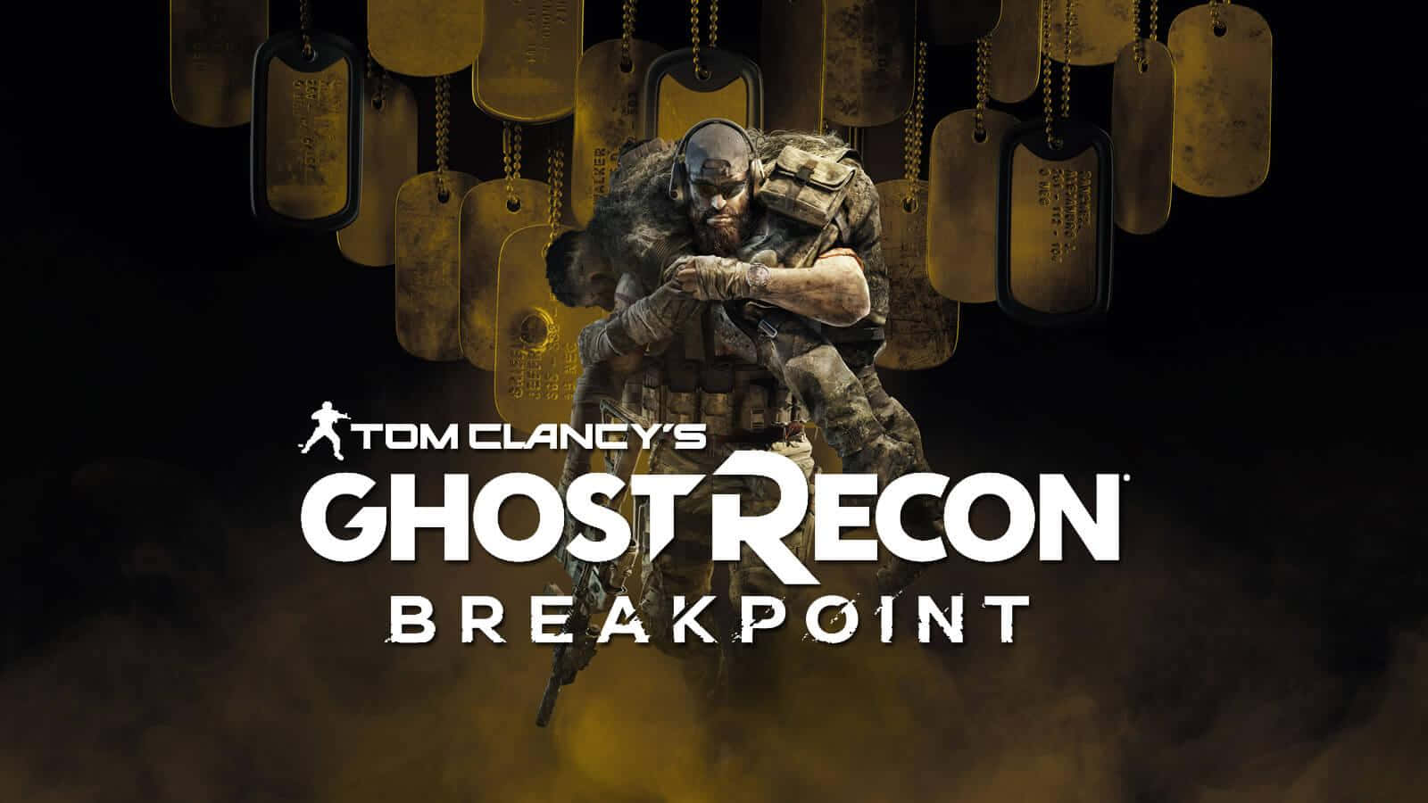Ghost Recon 桌布 壁紙 — 一名身穿戰術裝備的粗獷士兵站在懸掛的狗牌下方，遊戲標題《Ghost Recon Breakpoint》以粗體白色文字發光。