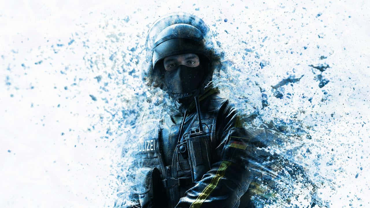 Rainbow Six Siege Bandit 桌布 壁紙 — 一名身穿戰術裝備的警察從藍色爆炸中出現，神情專注。
