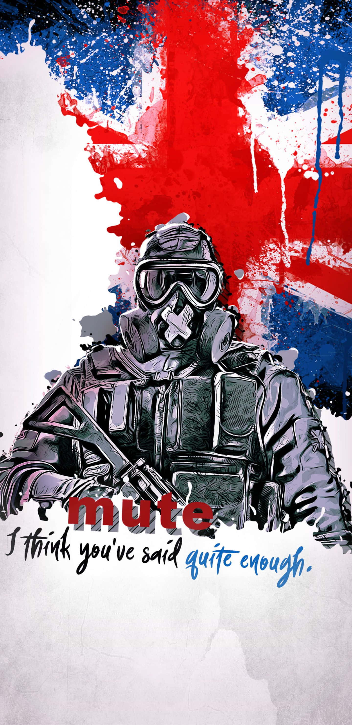 Pixel 3xl Rainbow Six Siege 桌布 壁紙 — 一名身穿戰術裝備的風格化士兵，在鮮明的紅、藍、白潑濺背景上持步槍，下方有「mute」字樣及文字。