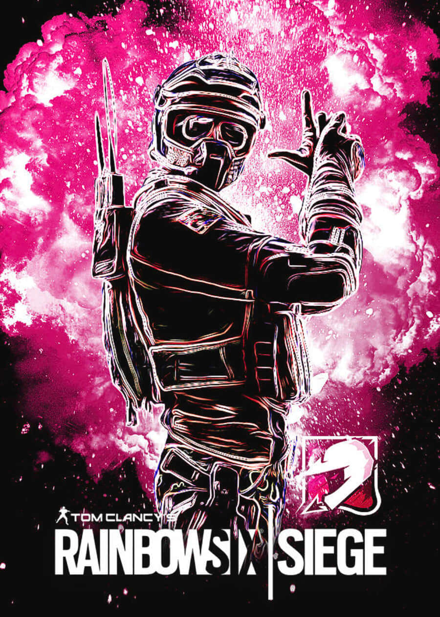 Rainbow Six Siege Mozzie 桌布 壁紙 — 一名身穿戰術裝備的風格化士兵，在充滿活力的粉紅色爆炸背景前，手持武器並比出和平手勢。