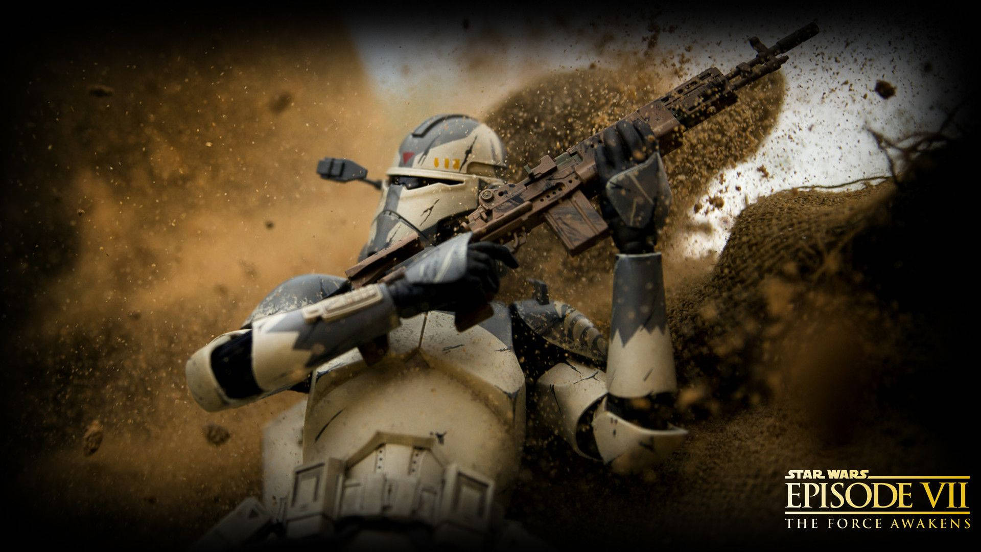 Raid 桌布 壁紙 — 一名身穿戰鬥裝備的克隆人士兵在棕色灰塵和碎屑雲中發射爆能步槍。