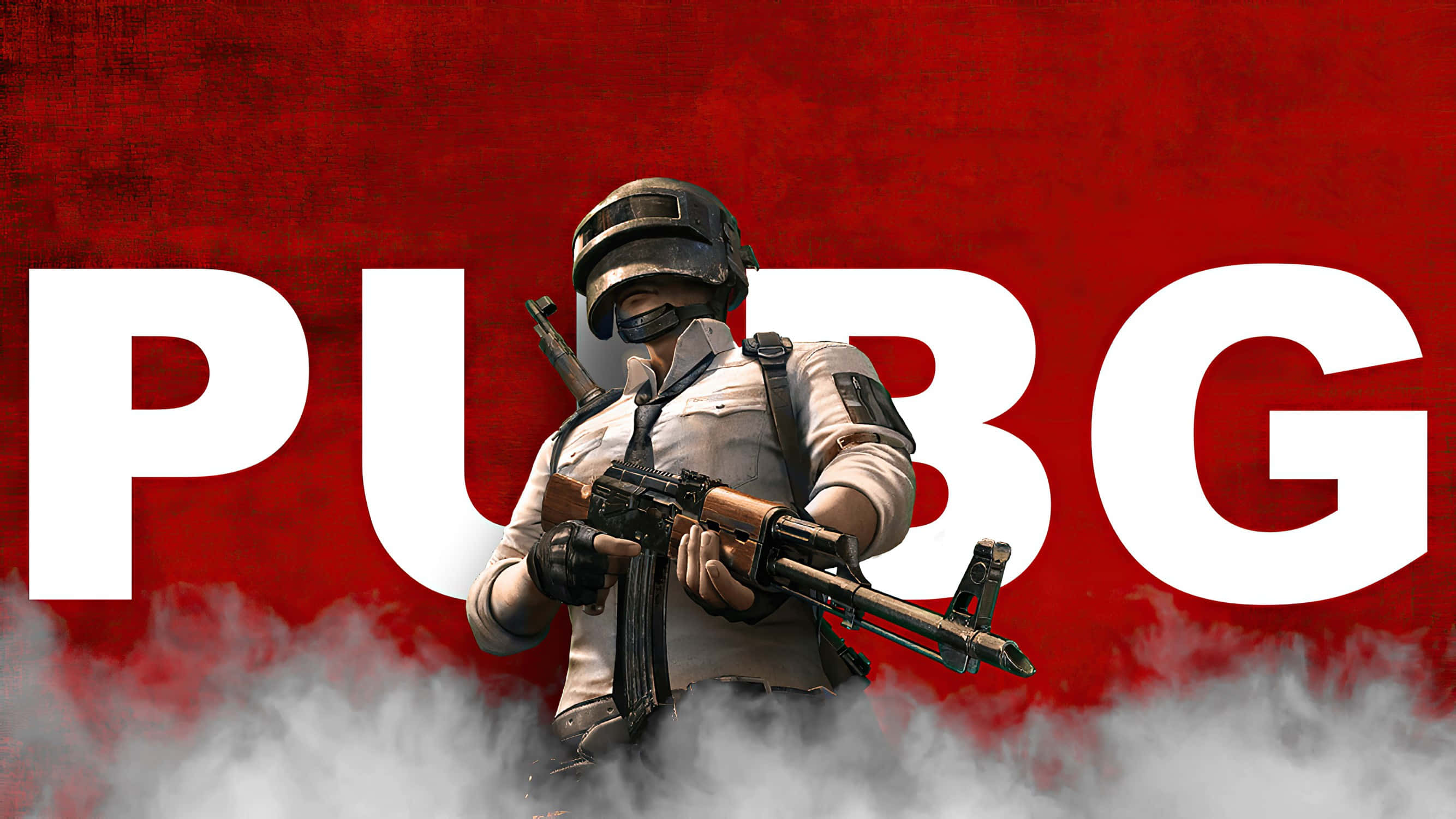 pubg mobile 桌布 壁紙 — 一名身穿戰鬥裝備的士兵，在帶有「PUBG」文字和底部煙霧的醒目紅色背景前手持步槍。