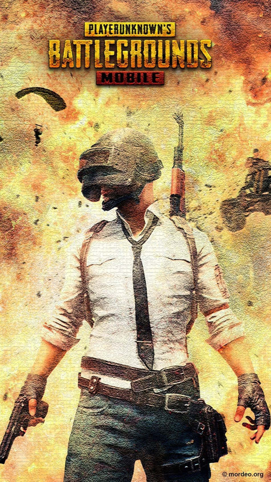 pubg mobile 桌布 壁紙 — 一名身穿戰鬥裝備的士兵，在熾熱的天空下手持手槍，身後有降落傘墜落。