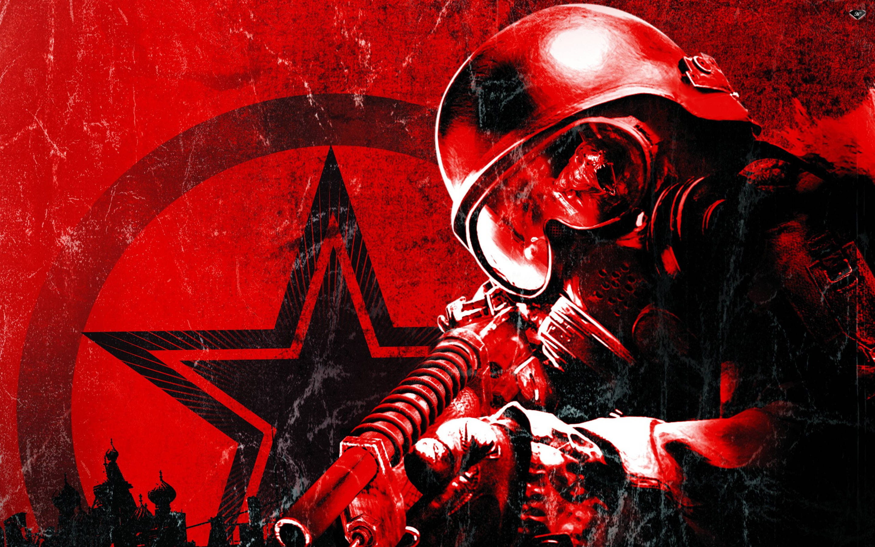 Metro Last Light 桌布 壁紙 — 一名身穿戰鬥裝備的士兵，在紅色星星背景前手持步槍，帶有粗糙紋理效果。