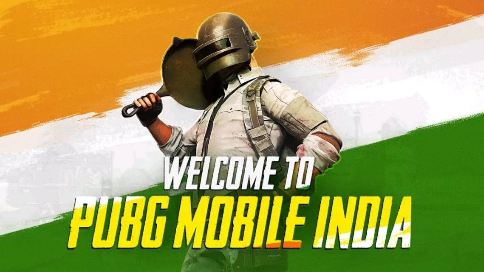 遊戲角色在印度國旗前拿著平底鍋，附有「Welcome to PUBG Mobile India」文字。 — 絕地求生 GIF 壁紙