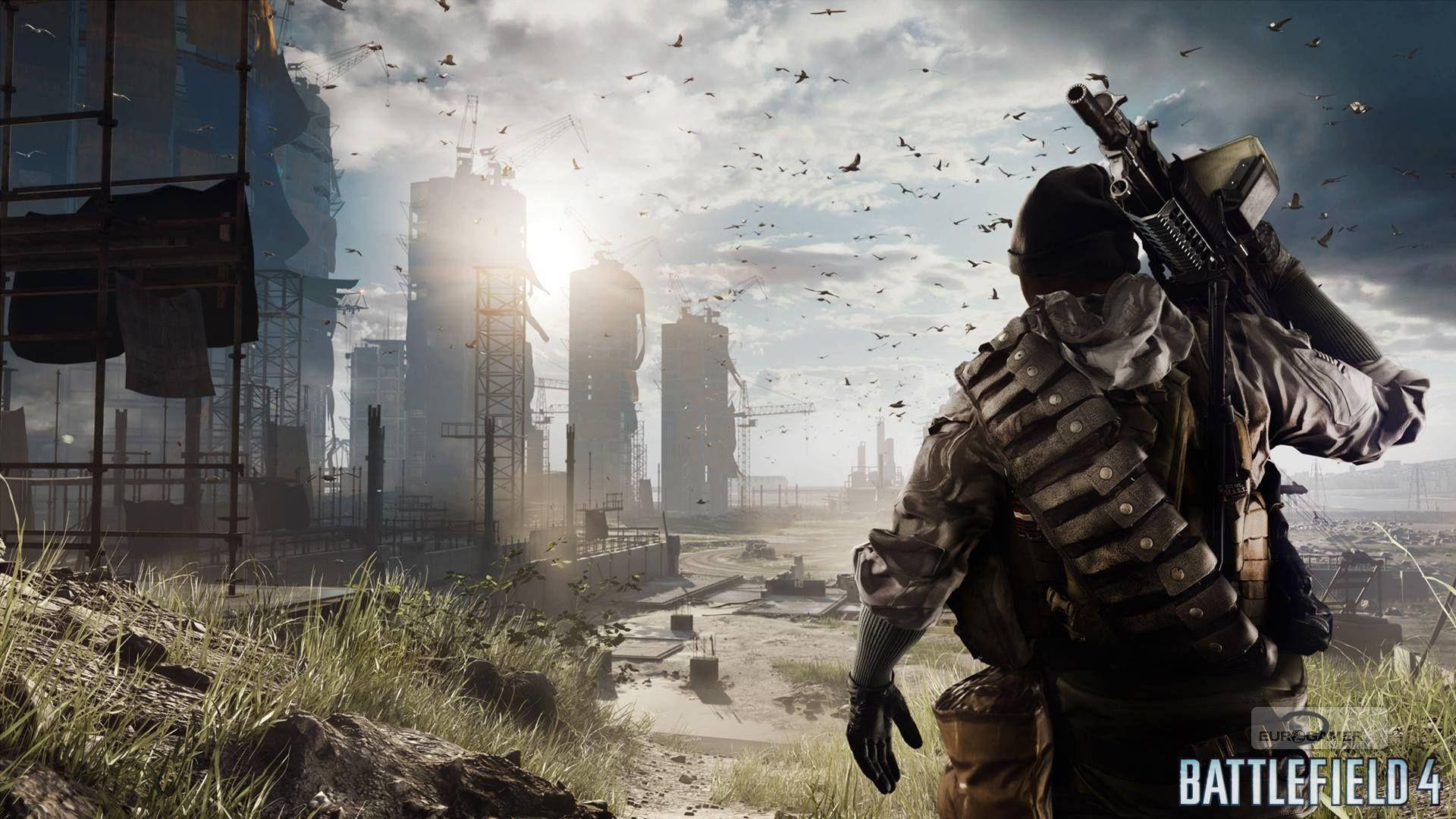 Battlefield 桌布 壁紙 — 一名身穿戰鬥裝備的士兵俯瞰著廢墟城市景觀，鳥兒飛翔，陽光穿過破碎的摩天大樓。