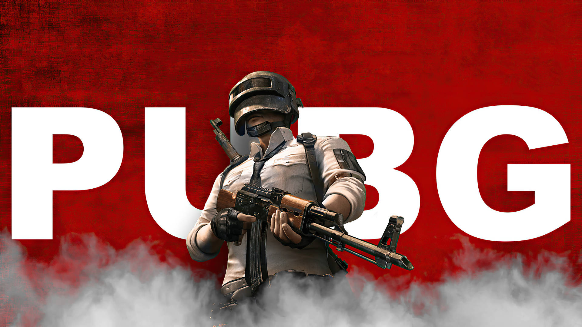 pubg mobile 桌布 壁紙 — 一名身穿戰鬥裝備的士兵在帶有白色 PUBG 字母和煙霧瀰漫地面的醒目紅色背景前手持突擊步槍。