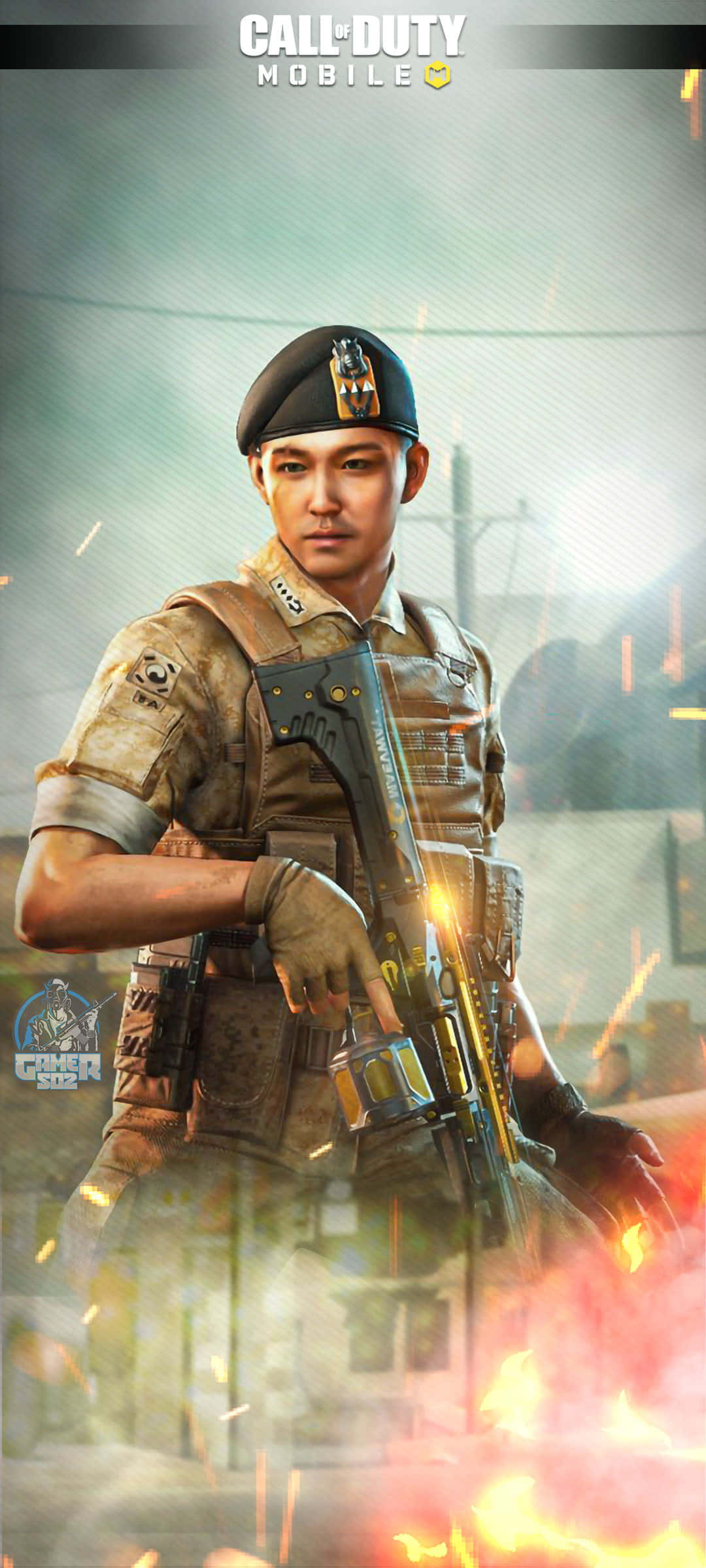 Cod Mobile Character Skins 桌布 壁紙 — 一名身穿戰鬥裝備的士兵在戰區中，於熾熱爆炸和煙霧中手持步槍。