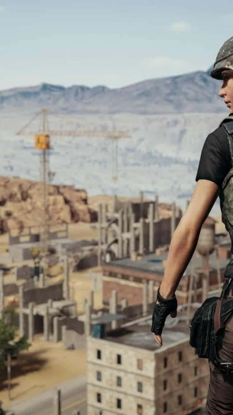 Pubg iPhone 桌布 壁紙 — 一名身穿戰鬥裝備的士兵在晴朗的天空下俯瞰著廢墟般的城市景觀，其中有起重機和山脈。