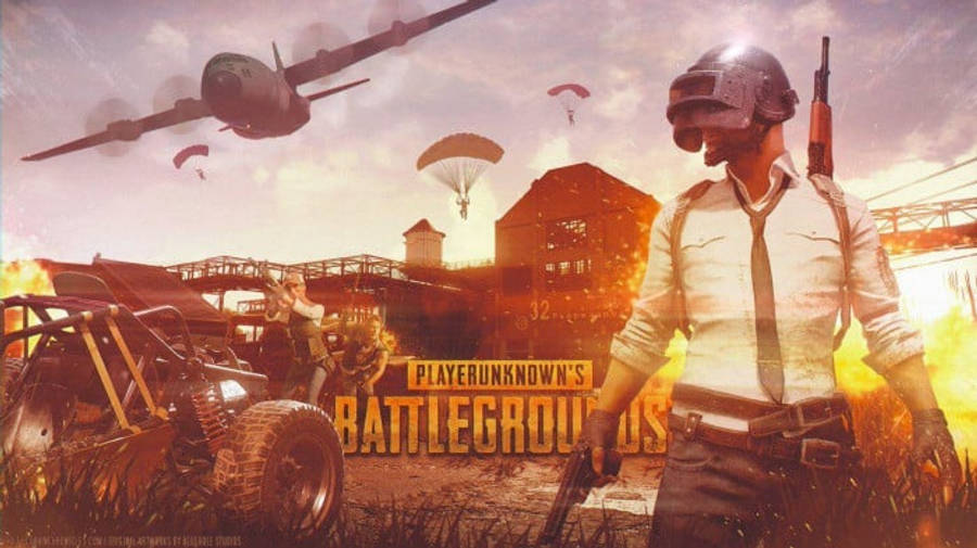 Pubg Logo 桌布 壁紙 — 一名身穿戰鬥裝備的士兵在烈火戰場上準備就緒，降落傘下降，一架飛機在頭頂飛過。