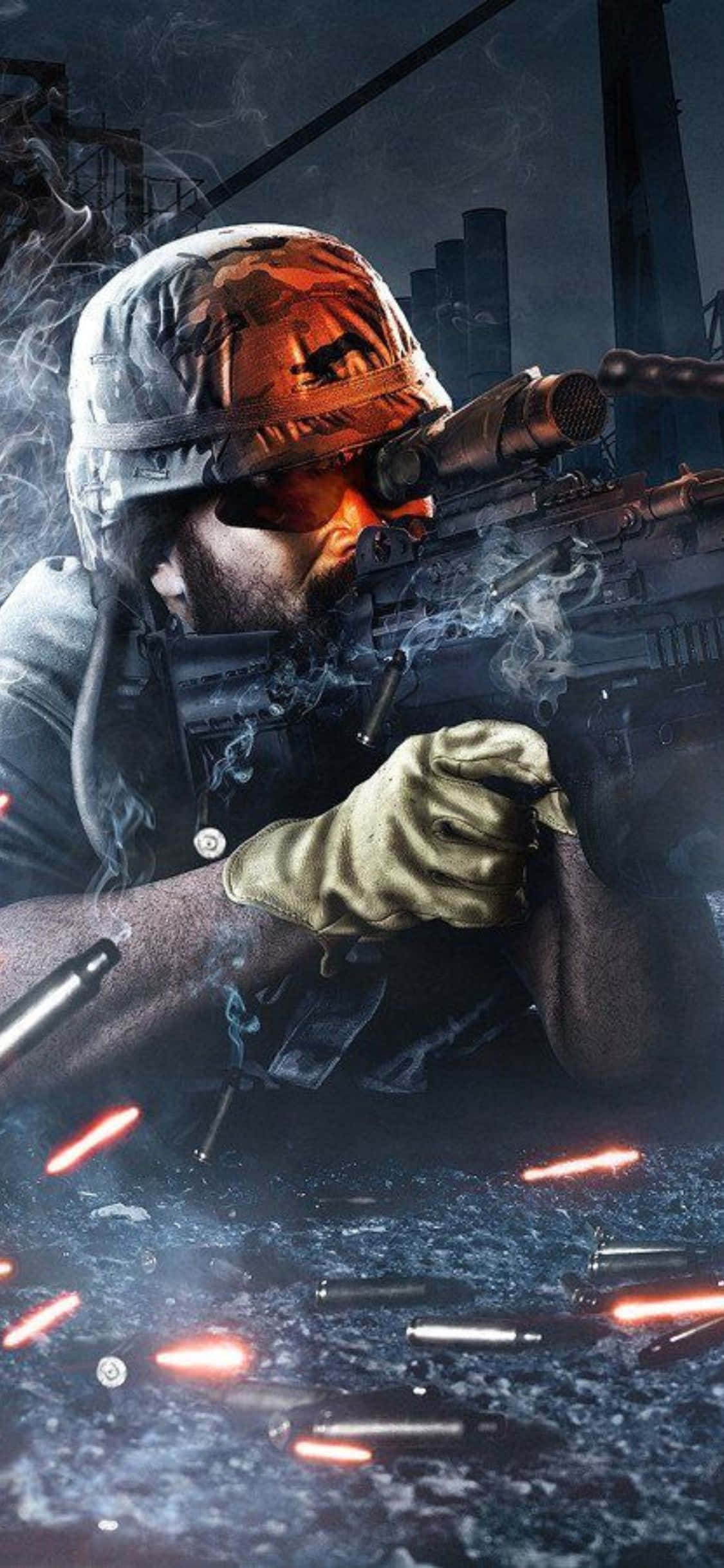 iPhone Xs Battlefield 3 桌布 壁紙 — 一名身穿戰鬥裝備的士兵在煙霧和散落的子彈中，於黑暗的城市戰場上瞄準步槍。