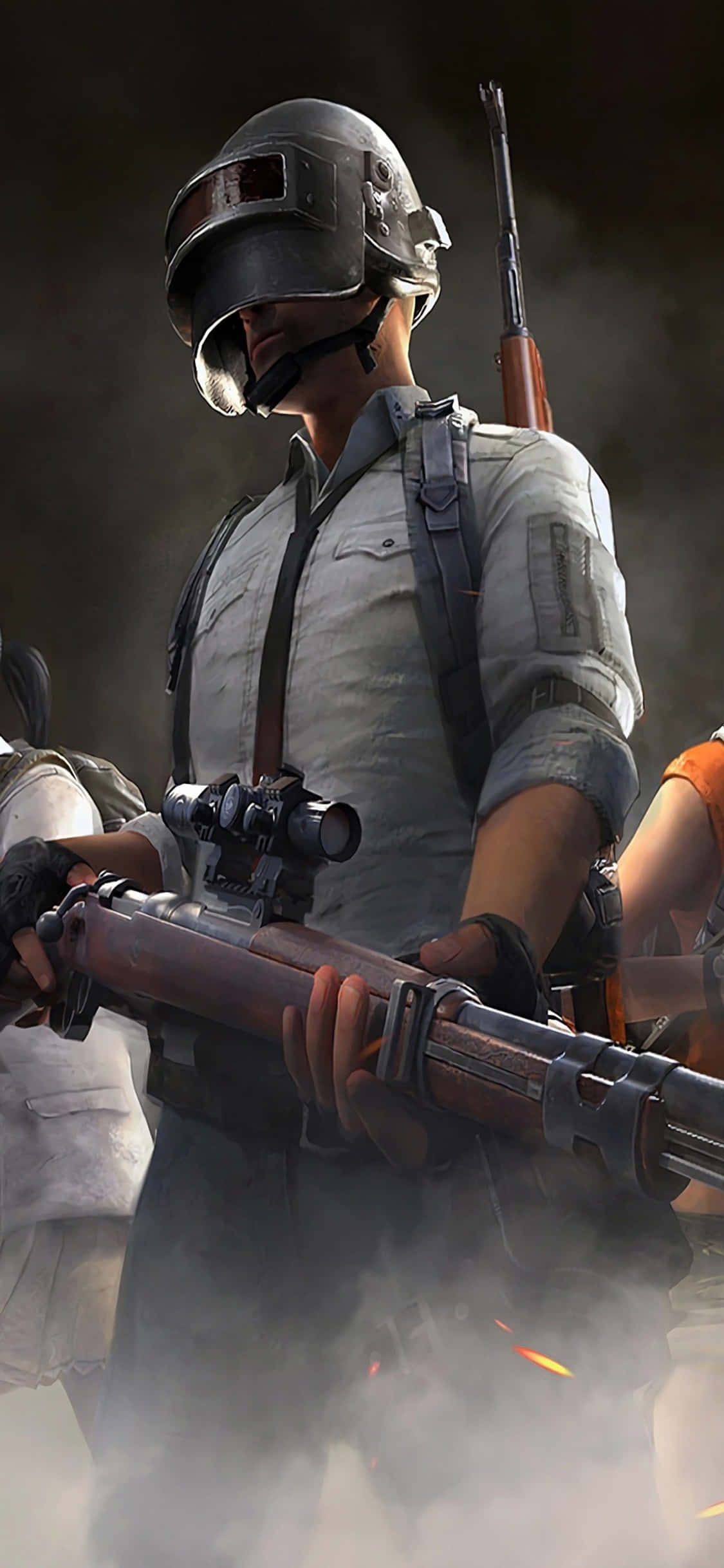 Playerunknown's Battlegrounds 桌布 壁紙 — 一名身穿戰鬥裝備的士兵在煙霧和火焰中手持步槍，呈現激烈的戰鬥場景。