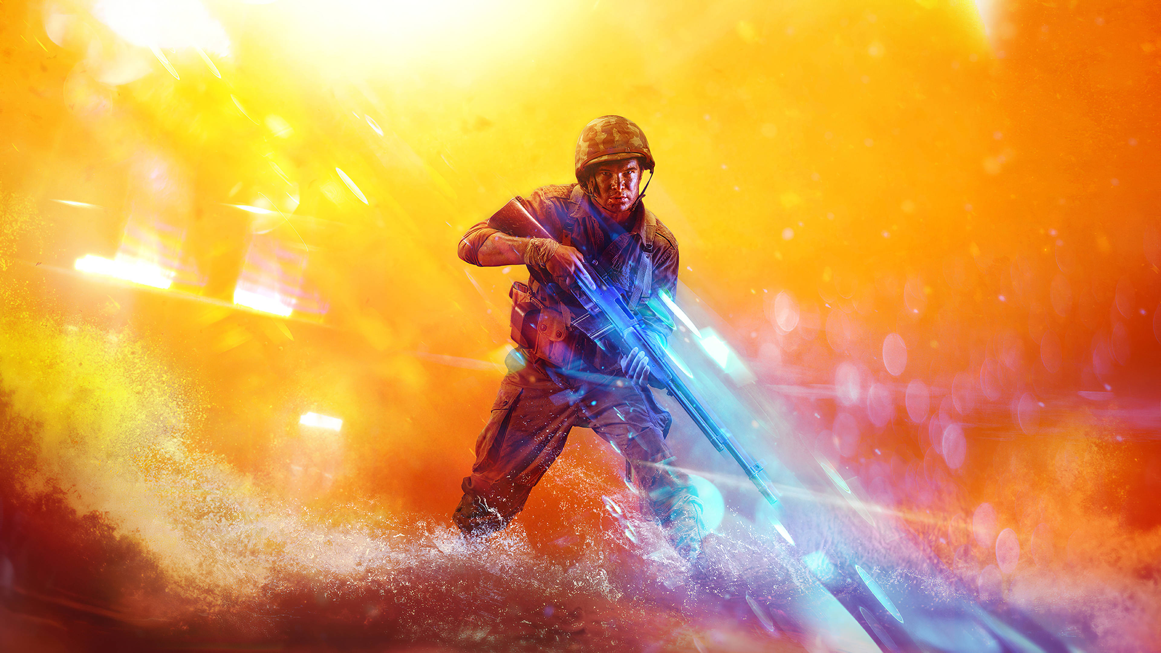 soldier 桌布 壁紙 — 一名身穿戰鬥裝備的士兵在熾熱的橙色爆炸和碎片中發射發光的藍色武器。