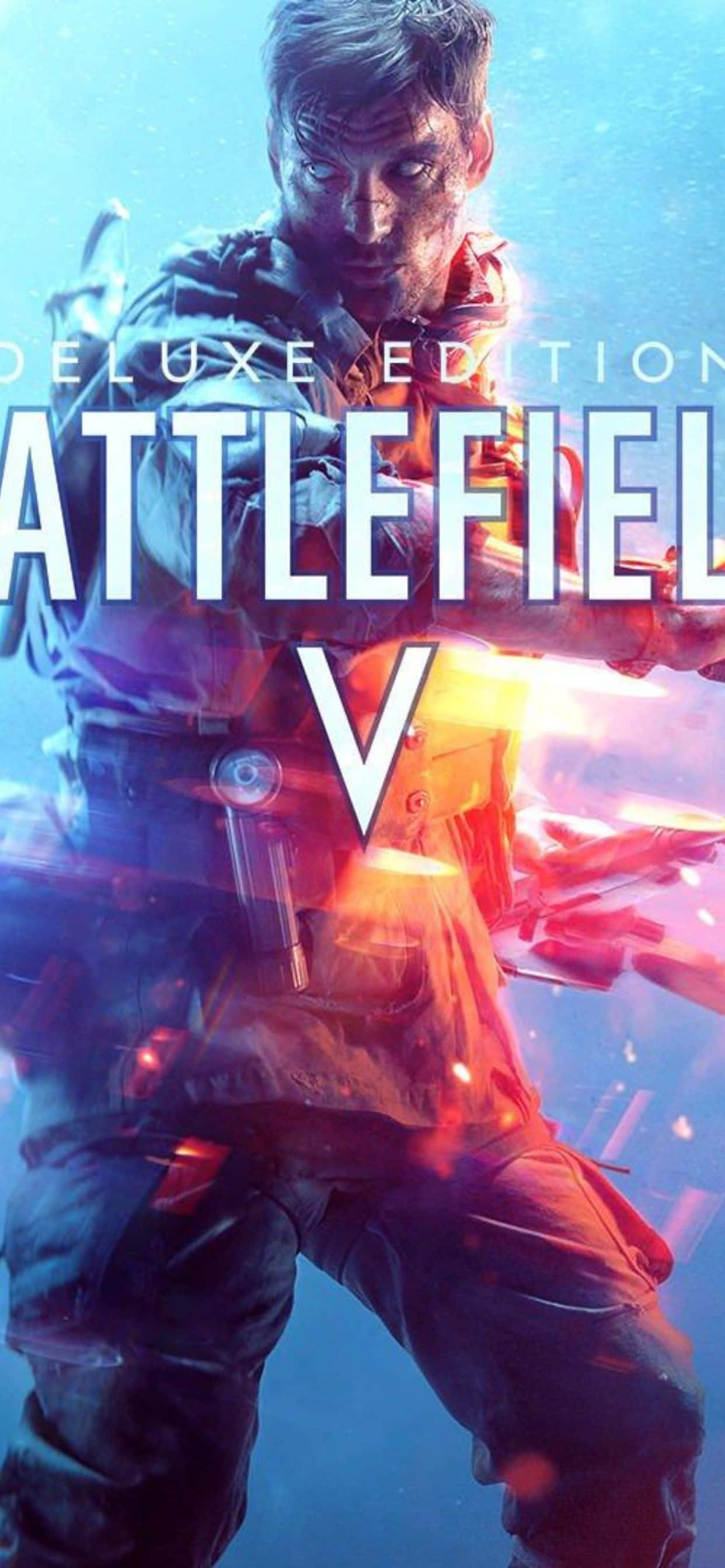 Battlefield V 桌布 壁紙 — 一名身穿戰鬥裝備的士兵在藍色調的戰場背景下開火，槍口閃光。